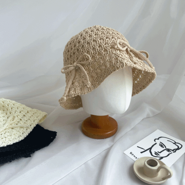 리본 버킷햇 발레코어 여름 라탄 니트 벙거지 모자 (3color)